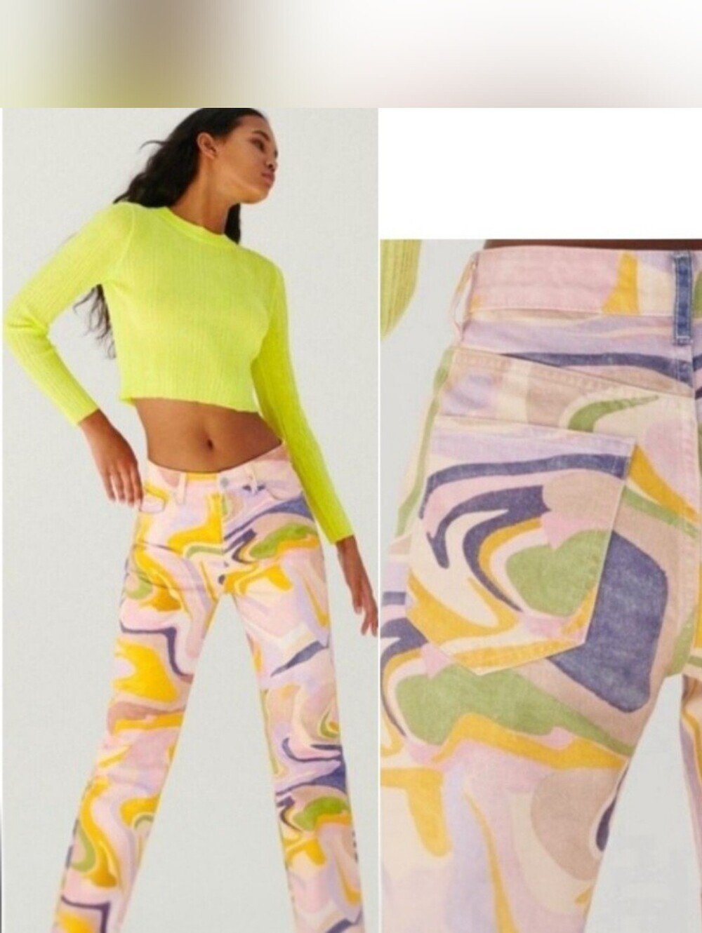 ZARA Women's Swirling Abstract Jeans Mid Rise Straight Leg Retro Boho - Picture 2 of 12
